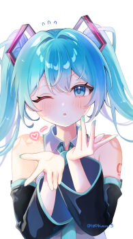 aqua_eyes aqua_hair aqua_nails aqua_necktie aqua_trim arm_tattoo bare_shoulders black_sleeves blowing_kiss blush commentary_request fingernails fuyu_usagi hair_between_eyes hair_ornament hatsune_miku highres long_hair looking_at_viewer nail_polish necktie number_tattoo one_eye_closed open_mouth shirt simple_background sleeveless sleeveless_shirt sweat tattoo twintails very_long_hair vocaloid white_background