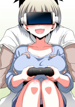 1boy 1girl :d blue_shirt blush breasts collarbone commentary_request controller facing_viewer fang game_controller grabbing_another's_breast grabbing_from_behind grey_hair groping head-mounted_display hitotose_rin large_breasts open_mouth sakurai_shin'ichi shirt short_hair short_sleeves skin_fang smile uzaki-chan_wa_asobitai! uzaki_hana virtual_reality white_shirt