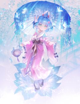 1girl absurdres animal_ears black_bow blue_butterfly blue_eyes blue_hair bow bug butterfly closed_mouth commission flower flower_ornament frilled_skirt frilled_sleeves frills hair_flower hair_ornament highres holding holding_lantern insect japanese_clothes lantern leaf lolita_fashion long_hair mask mixed-language_commentary nmlm_16 obi oil-paper_umbrella okobo original platform_sandals rabbit_mask sandals sash skirt tassel umbrella wa_lolita wide_sleeves