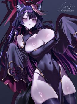 1girl absurdres alternate_costume animal_ear_fluff animal_ears black_dress black_hair black_sleeves black_thighhighs blue_archive blush breasts cleavage cleavage_cutout clothing_cutout covered_navel detached_sleeves dress fox_ears fox_girl fox_tail halloween_costume halo hat highres jiangshi_costume large_breasts long_hair looking_at_viewer mixed-language_commentary naval_cat_holiday ofuda ofuda_on_head open_mouth outstretched_arms pale_skin pelvic_curtain qingdai_guanmao red_halo signature simple_background skindentation sleeves_past_fingers sleeves_past_wrists solo tail thick_thighs thighhighs thighs very_long_hair wakamo_(blue_archive) wide_sleeves yellow_eyes zombie_pose