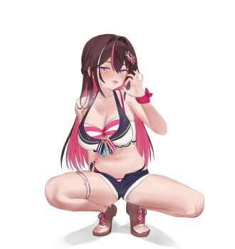 Rule 34 | 1girl, azki (hololive), bare shoulders, bikini, black hair, black shorts, blush, breasts, brown shoes, cleavage, colored inner hair, commentary, d5y0m, feet, fellatio gesture, hair between eyes, halterneck, hand up, heavy breathing, highleg, highleg bikini, highres, hololive, large breasts, layered bikini, long hair, looking at viewer, micro shorts, multicolored hair, navel, open-toe shoes, open fly, open mouth, pink hair, purple eyes, ribbon, shoes, shorts, solo, squatting, stomach, streaked hair, swimsuit, thigh strap, thighs, toes, tongue, tongue out, virtual youtuber, white bikini, wrist ribbon