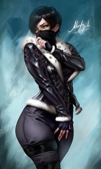 1girl absurdres belt black_gloves black_hair black_jacket black_pants blue_background brown_eyes cowboy_shot fingerless_gloves fur_trim gloves highres jacket looking_to_the_side mask moonlen-jack mouth_mask multiple_belts original pants short_hair signature solo twitter_username watermark web_address