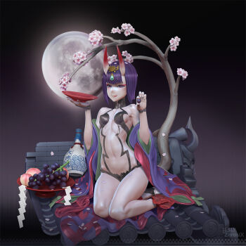 1girl 3d :p alcohol architecture artist_name bare_shoulders bottle breasts bridal_gauntlets cherry_blossoms commentary covered_erect_nipples cup east_asian_architecture fate/grand_order fate_(series) female_focus food forehead_jewel fruit full_moon grapes highres holding holding_food holding_fruit horns japanese_clothes kimono leslyzerosix moon navel oni open_clothes open_kimono peach petals purple_eyes purple_hair rooftop sakazuki sake sake_bottle seiza short_hair shuten_douji_(fate) shuten_douji_(first_ascension)_(fate) sitting skin-covered_horns small_breasts solo tongue tongue_out yokozuwari