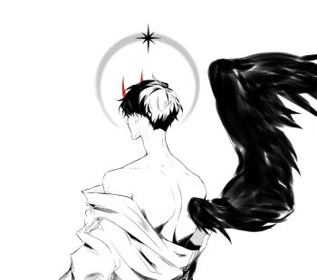 1boy black_hair black_wings coat_partially_removed crescent demon_horns facing_away feathered_wings from_behind highres horns kim_dokja male_focus naasmcuti2217 no_shirt omniscient_reader&#039;s_viewpoint short_hair single_wing solo sparkle spot_color upper_body wings