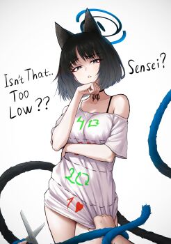 1boy 1girl absurdres animal_ears black_hair blue_archive bob_cut bra_strap cat_ears choker clothes_pull cut-here_line disgust english_text halo highres kikyou_(blue_archive) kuromasa multiple_drawing_challenge parted_lips pov pov_hands ribbon_choker scissors sensei_(blue_archive) shirt short_hair simple_background solo_focus twintails twitter_cutting_game twitter_strip_game white_shirt