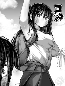 1boy 1girl :o ? ?? @_@ ao_tanuki arm_up armpit_focus armpits backpack bag blush boku_no_kokoro_no_yabai_yatsu bra bra_peek breasts commentary dated_commentary foreshortening greyscale handkerchief highres holding holding_handkerchief ichikawa_kyoutarou large_breasts long_hair looking_at_viewer mole mole_on_neck monochrome pleated_skirt profile shirt signature skirt sky sleeveless sleeveless_shirt sweat underwear wavy_mouth yamada_anna