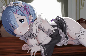 1girl :o absurdres black_ribbon blue_eyes blue_hair breasts detached_sleeves garter_straps gibun_(sozoshu) hair_ornament hair_over_one_eye hair_ribbon highres indoors looking_at_viewer maid maid_headdress medium_breasts neck_ribbon on_table parted_lips pink_ribbon re:zero_kara_hajimeru_isekai_seikatsu rem_(re:zero) ribbon roswaal_mansion_maid_uniform short_hair solo table thighhighs variant_set white_garter_straps white_thighhighs x_hair_ornament