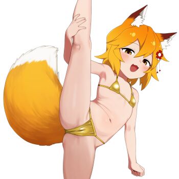 1girl :3 :d animal_ear_fluff animal_ears bikini blonde_hair cameltoe clenched_hand flat_chest flower fox_ears fox_girl fox_tail gold_bikini hair_between_eyes hair_flower hair_ornament half-closed_eyes highres holding_own_leg kneepits loli looking_at_viewer mikoscrub navel open_mouth red_flower senko_(sewayaki_kitsune_no_senko-san) sewayaki_kitsune_no_senko-san short_hair simple_background smile solo split standing standing_on_one_leg standing_split swimsuit tail thighs white_background yellow_eyes