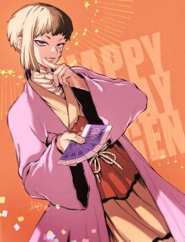 1boy asagiri_gen asymmetrical_hair birthday blonde_hair blue_eyes card character_name dr._stone hands_up happy_birthday holding holding_card japanese_clothes kimono looking_at_viewer multicolored_hair ninomae_gin orange_background pink_kimono short_hair solo two-tone_hair