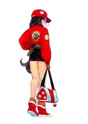 1girl absurdres bag bare_legs baseball_cap black_hair black_skirt brown_gloves chewing_gum cloud_strife commentary dolphin final_fantasy final_fantasy_vii from_behind full_body gloves hat heart highres holding holding_bag hugo_artist jacket legs long_hair long_sleeves looking_at_viewer looking_back looking_to_the_side miniskirt orange_socks print_jacket profile red_eyes red_hat red_jacket red_shoes shoes sidelocks skirt socks solo standing symbol-only_commentary tifa_lockhart traditional_media walking white_background