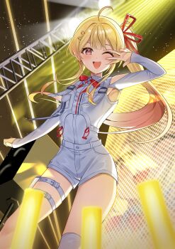 1girl ;d ahoge arm_up armpit_cutout armpit_peek armpits asymmetrical_legwear belt blonde_hair blush bow bowtie breast_pocket breasts center-flap_bangs clothing_cutout collared_shirt commentary contrapposto cowboy_shot double-parted_bangs drawstring dress_shirt flying_sweatdrops fortissimo glowstick gradient_hair hair_ornament hair_ribbon hashtag-only_commentary high_side_ponytail highres hololive hololive_dev_is long_hair long_sleeves looking_at_viewer monitor multicolored_hair musical_note musical_note_hair_ornament official_alternate_costume one_eye_closed open_mouth orange_eyes otonose_kanade otonose_kanade_(regloss_uniform) penlight_(glowstick) pocket pouch red_bow red_bowtie ribbon shirt short_shorts shorts shoulder_cutout signature sleeves_past_wrists small_breasts smile solo stage stage_lights star_pin sweatdrop teeth thigh_belt thigh_pouch thigh_strap tight_clothes uneven_legwear upper_teeth_only vest virtual_youtuber w white_shirt white_shorts white_vest yellow_nails yoshidadon