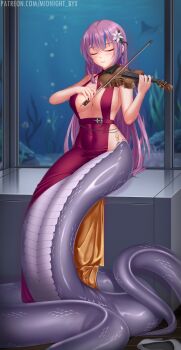 Rule 34 | 1girl, absurdres, blue hair, bow (music), braid, breasts, cleavage, closed eyes, covered navel, dress, evening gown, flower, gold dress, hair flower, hair ornament, highres, holding, holding bow (music), holding instrument, holding violin, instrument, jewelry, lamia, large breasts, long hair, midnight (banyex), monster girl, multicolored hair, music, necklace, no panties, original, playing instrument, purple hair, red dress, sideboob, sitting, solo, streaked hair, twin braids, two-sided dress, two-sided fabric, two-tone hair, violin, watermark, web address