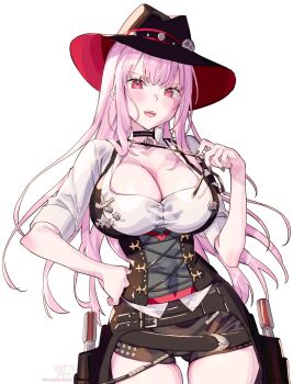 1girl breasts button_gap choker cleavage collarbone collared_shirt corset cowboy cowboy_hat gun handgun hat highres hololive hololive_english holster kamiya_maneki large_breasts long_hair long_sleeves looking_at_viewer midriff mori_calliope mori_calliope_(sheriff) official_alternate_costume pink_eyes pink_hair red_eyes revolver sheriff_badge shirt shorts simple_background skindentation solo star_(symbol) sweat thick_thighs thigh_gap thigh_strap thighs very_long_hair vest virtual_youtuber weapon western white_background white_shirt