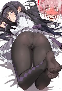 2girls @_@ absurdres akemi_homura akemi_homura_(magical_girl) ass back-print_panties black_hair black_pantyhose blush character_print crotch_seam dress ebora feet foot_focus foreshortening gloves grey_dress grey_eyes hair_spread_out hands_up highres kaname_madoka kaname_madoka_(magical_girl) long_hair looking_at_viewer lying magical_girl mahou_shoujo_madoka_magica mahou_shoujo_madoka_magica_(anime) multiple_girls no_shoes on_stomach panties panties_under_pantyhose pantyhose pink_eyes pink_hair print_panties short_hair soles sweat toe_seam toes underwear very_long_hair white_gloves white_panties yuri