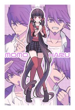 1boy 1girl :d absurdly_long_hair black_sailor_collar black_skirt blunt_bangs blush boots breasts brown_boots brown_hair collarbone commentary_request danganronpa_(series) danganronpa_v3:_killing_harmony facial_hair full_body goatee grin hair_ornament hair_scrunchie hairclip harukawa_maki high_heels highres jacket large_breasts long_hair miniskirt mole mole_under_eye momota_kaito multiple_views open_clothes open_mouth open_shirt pink_background plaid_clothes plaid_skirt purple_hair purple_jacket red_eyes red_scrunchie red_shirt red_thighhighs sailor_collar satori_(aosky9077) scrunchie shirt skirt smile spiked_hair sweat teeth thighhighs tongue upper_teeth_only very_long_hair wavy_mouth white_shirt zettai_ryouiki