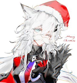 1girl animal_ears arknights black_gloves black_jacket chinese_commentary commentary_request dianzi_xiaoxiong fake_facial_hair fake_mustache fur-trimmed_headwear fur_trim gloves gradient_necktie grey_eyes grey_hair hair_between_eyes hair_ornament hairclip hand_up hat highres holding jacket lappland_(arknights) lappland_the_decadenza_(arknights) long_hair long_sleeves looking_at_viewer merry_christmas multicolored_necktie necktie one_eye_closed red_hat santa_hat scar scar_across_eye scar_on_face simple_background solo two-tone_necktie upper_body white_background wolf_ears wolf_girl