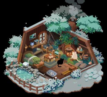 Rule 34 | animated, animated gif, black cat, book, bucket, cabin, cat, chimney, cooking, cooking pot, curled up, decomposedmaw, fire, fireplace, from behind, glowing motes, grass, highres, indoors, no humans, onsen, original, pixel art, pixelated, sitting, smoke, snowing, wall cross-section, white cat, winter, wooden house