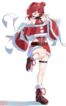 1girl :d absurdres alternate_costume ange_katrina ankle_boots arm_cutout bare_shoulders belt black_belt blush boots bow christmas clothing_cutout commentary_request footwear_ribbon full_body fur-trimmed_boots fur-trimmed_shirt fur-trimmed_skirt fur_trim gloves hair_bun hair_intakes hair_ornament half-closed_eyes hand_up highres leg_up leotard leotard_under_clothes long_bangs long_sleeves looking_at_viewer marking_on_cheek miniskirt mokon112 multicolored_nails nail_polish nijisanji off-shoulder_shirt off_shoulder open_mouth partially_fingerless_gloves polka_dot_leotard pom_pom_(clothes) purple_eyes red_boots red_hair red_leotard red_nails red_ribbon red_shirt red_skirt ribbon shadow shirt simple_background single_glove single_side_bun skindentation skirt sleeve_bow smile solo standing standing_on_one_leg thigh_strap virtual_youtuber white_background white_bow white_gloves white_nails wide_sleeves