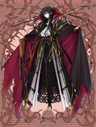 Rule 34 | 1boy, :/, ascot, bayonet, belt, black cape, black footwear, black hair, black robe, boots, brown background, cape, chain, closed mouth, dairoku ryouhei, falling petals, floating hair, full body, gem, gold trim, gun, hair between eyes, hand on weapon, lace, long hair, long sleeves, looking at viewer, male focus, outstretched arms, petals, planted, ranuki, red cape, red eyes, red gemstone, rifle, robe, rose petals, solo, spread arms, standing, supportasse, tino miraglia, torn cape, torn clothes, two-sided cape, two-sided fabric, v-shaped eyebrows, weapon, white ascot
