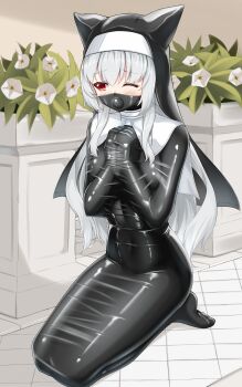 Rule 34 | 1852489, 1girl, absurdres, animal ear headwear, bdsm, bondage, bound, commentary request, covered navel, fake animal ears, full body, gag, gagged, guimpe, highres, latex, long hair, nun, one eye closed, original, own hands together, plant, potted plant, red eyes, seiza, shiny clothes, sitting, skin tight, sleepsack, solo, variant set, white hair