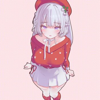 1girl absurdres beret blush braid breasts choker commentary_request cowboy_shot hair_ornament hat highres ine_(vtuber) large_breasts long_hair long_sleeves looking_at_viewer miniskirt open_mouth pink_background print_shirt purple_eyes rapid17 red_hat red_shirt ribbon ribbon_choker shirt skirt solo thighhighs virtual_youtuber waktaverse white_choker white_hair white_ribbon white_skirt white_thighhighs