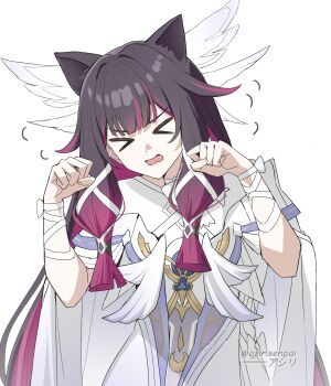 >_< 1girl absurdres adapted_costume animal_ears asiri_senpai cat_ears columbina_(genshin_impact) commentary dress flying_sweatdrops genshin_impact gradient_hair hair_ornament hands_up highres kemonomimi_mode long_hair multicolored_hair open_mouth paw_pose purple_hair simple_background solo streaked_hair twitter_username upper_body white_background white_dress wing_hair_ornament