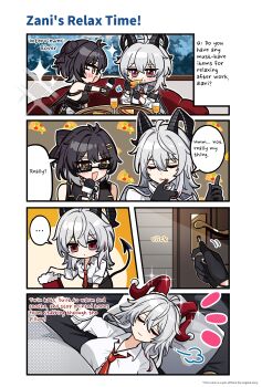 2girls absurdres armband bare_shoulders black_armband black_gloves black_hair black_horns black_tail blush breasts closed_eyes closed_mouth collared_shirt commentary curled_horns demon_tail eating english_commentary english_text female_rover_(wuthering_waves) food gloves grey_hair hair_between_eyes highres holding holding_food holding_microphone holding_pizza horn_cover horns interview large_breasts long_hair microphone mole mole_under_eye multiple_girls necktie official_art open_mouth pillow pineapple_on_pizza pizza red_eyes red_necktie rover_(wuthering_waves) shirt smile tacet_mark_(wuthering_waves) tail white_shirt wuthering_waves yellow_eyes zani_(wuthering_waves)