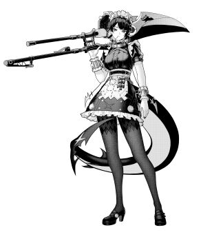 Rule 34 | 1girl, absurdres, anissa047, black dress, black hair, black pantyhose, black shoes, breasts, closed mouth, colored inner hair, commentary, dress, ellen joe, english commentary, fins, fish tail, full body, greyscale, hairband, hand up, highres, holding, holding weapon, large breasts, lollipop in mouth, maid headdress, mary janes, metal hairband, mole, mole on arm, mole under eye, monochrome, multicolored hair, nail polish, over shoulder, pantyhose, razor blade hair ornament, scar, scar on tail, shark girl, shark tail, shoes, short hair, simple background, solo, spiked headband, tail, weapon, weapon over shoulder, white background, zenless zone zero