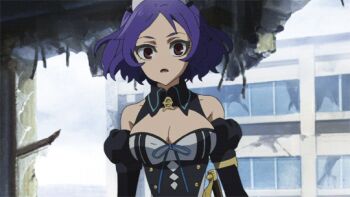 10s 1girl animated animated_gif blue_hair bouncing_breasts breasts chess_belle cleavage fang female_focus large_breasts owari_no_seraph red_eyes solo