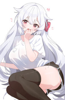 !? 1girl absurdres alternate_costume black_choker black_shorts black_thighhighs blush choker collarbone commentary dolphin_shorts flower flying_sweatdrops fuyuka_(stella_sora) hair_flaps hair_flower hair_ornament head_tilt highres legs_together long_hair looking_at_viewer loungewear making-of_available orchid print_shirt reclining red_eyes shirt short_sleeves shorts shusuchii solo spoken_interrobang stella_sora sweat symbol-only_commentary t-shirt thighhighs thighs variant_set very_long_hair white_hair white_shirt