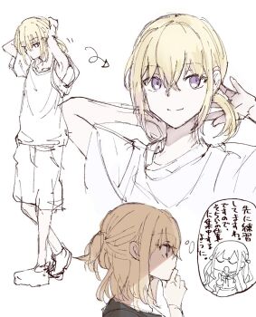 Rule 34 | 2girls, arrow (symbol), bang dream!, bang dream! it's mygo!!!!!, blonde hair, closed eyes, closed mouth, commentary request, hair between eyes, half updo, index finger raised, long hair, misumi uika, multiple girls, neck ribbon, partially colored, purple eyes, ribbon, setou (bpdne), shade, shirt, short sleeves, sidelocks, smile, speech bubble, thought bubble, togawa sakiko, tying hair, u u