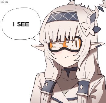 1girl absurdres artist_name black_hairband blue_archive closed_mouth english_text hair_tubes hairband halo highres himari_(blue_archive) kai_xin long_hair multicolored_halo pointy_ears simple_background sleep_mask smile solo two-tone_halo upper_body white_background white_hair white_halo
