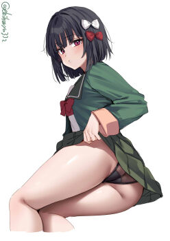 1girl artist_name ass black_hair black_panties blush bow bowtie breasts clothes_lift commentary_request ebifurya hair_bow highres ishigaki_(kancolle) kantai_collection lifting_own_clothes long_hair looking_at_viewer one-hour_drawing_challenge panties red_bow red_bowtie red_eyes short_hair sidelocks simple_background sitting skirt skirt_lift small_breasts solo thighs twitter_username underwear white_background white_bow yokozuwari