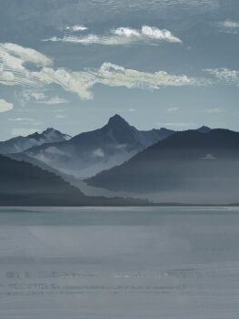 absurdres beach blue_sky cloud cloudy_sky commentary day fog highres landscape mountainous_horizon no_humans ocean original outdoors painterly scenery sky symbol-only_commentary twulfs water