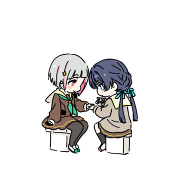 2girls applying_another's_manicure applying_manicure black_pantyhose blue_eyes blue_hair blue_ribbon blush_stickers bob_cut brown_cardigan brown_dress cardigan commentary_request dress full_body green_neckerchief green_shoes grey_hair hair_ornament hair_ribbon hasu_no_sora_school_uniform inverted_bob link!_like!_love_live! long_sleeves love_live! low_twintails multicolored_hair multiple_girls murano_sayaka nail_clippers neckerchief pantyhose pink_hair pink_streaks red_shoes ribbon sailor_collar sailor_dress school_uniform shinanoya_(satanicad) shoes simple_background sitting star_(symbol) star_hair_ornament streaked_hair twintails uwabaki virtual_youtuber white_background white_sailor_collar winter_uniform yugiri_tsuzuri