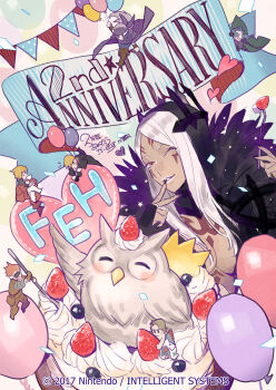 1girl 6+boys anniversary ares_(fire_emblem) aversa_(fire_emblem) balloon bird black_nails blonde_hair breasts bridal_gauntlets cake cape cleavage company_name copyright_name dark-skinned_female dark_skin eldigan_(fire_emblem) facial_mark father_and_son feather_trim feh_(fire_emblem_heroes) fingernails fire_emblem fire_emblem:_genealogy_of_the_holy_war fire_emblem:_the_blazing_blade fire_emblem_awakening fire_emblem_echoes:_shadows_of_valentia fire_emblem_fates fire_emblem_heroes food fork fruit heart highres holding holding_fork large_breasts legault_(fire_emblem) long_fingernails long_hair multiple_boys nail_polish nintendo official_art one_eye_closed owl p-nekor parted_lips red_hair saber_(fire_emblem) short_hair signature silver_hair sitting smile strawberry v valter_(fire_emblem) wink xander_(fire_emblem)