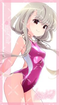 1girl adversarial_noise artist_name braid braided_bangs breasts brown_eyes character_name competition_swimsuit cowboy_shot grey_hair highleg highleg_one-piece_swimsuit highres hisakawa_nagi idolmaster idolmaster_cinderella_girls inaba_shiki long_hair looking_at_viewer low_twintails one-piece_swimsuit pink_one-piece_swimsuit small_breasts smile solo standing swimsuit twintails two-tone_swimsuit watermark