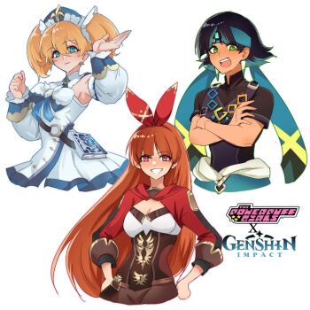 Rule 34 | 3girls, amber (genshin impact), amber (genshin impact) (cosplay), aqua hair, aqua headband, barbara (genshin impact), barbara (genshin impact) (cosplay), black hair, black shirt, blonde hair, blossom (ppg), blue eyes, breasts, brown hair, brown shorts, bubbles (ppg), buttercup (ppg), cosplay, crossed arms, debodraw, detached sleeves, dress, earrings, genshin impact, green eyes, hair between eyes, hair ribbon, hairband, headband, jewelry, kinich (genshin impact), kinich (genshin impact) (cosplay), long hair, long sleeves, multicolored hair, multiple girls, open mouth, pink eyes, powerpuff girls, red hairband, red hood, red ribbon, ribbon, shirt, short hair, short sleeves, shorts, smile, tan, teeth, twintails, two-tone hair, very long hair, white background, white dress, white sleeves