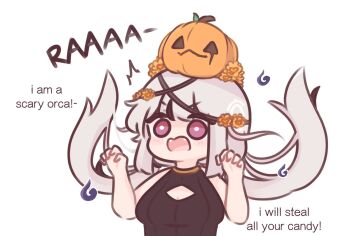1girl ^^^ artist_self-insert bare_arms bare_shoulders black_hair black_leotard blush_stickers breasts chonkyorca claw_pose cleavage cleavage_cutout clothing_cutout commentary english_text fangs floating_hair grey_hair hands_up jack-o'-lantern leotard long_hair low_twintails medium_breasts multicolored_hair orca_(chonkyorca) original pumpkin_hat purple_eyes simple_background solo streaked_hair symbol-only_commentary twintails upper_body very_long_hair wavy_mouth white_background