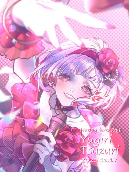 1girl absurdres arm_up character_name collarbone colored_inner_hair commentary_request dated dress dress_flower flower flower_hairband from_above grin hair_flower hair_ornament happy_birthday highres holding holding_microphone kirisaki_nuko link!_like!_love_live! looking_at_viewer looking_up love_live! microphone multicolored_hair official_alternate_costume red_dress red_flower red_hair red_rose red_streaks rose shiawase_no_ribbon single-shoulder_dress single_bare_shoulder smile solo streaked_hair virtual_youtuber white_hair yugiri_tsuzuri