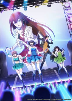 Rule 34 | 1boy, 4girls, absurdres, amane suzuha, amane suzuha (beta), anime coloring, aqua skirt, aqua sports bra, black boots, black hair, black jacket, black shoes, blue choker, blue dress, blue eyes, blue laces, blunt bangs, blush, boots, braid, breasts, brown hair, choker, closed mouth, commentary, concert, cropped jacket, dress, dutch angle, embarrassed, english commentary, flat chest, green dress, green eyes, green hair, green laces, hair between eyes, hair over shoulder, hair rings, halter dress, halter shirt, halterneck, hand up, hands up, highres, hiyajou maho, holding, holding microphone, idol, jacket, lapels, leather, leather jacket, long hair, makise kurisu, makise kurisu (amadeus), medium breasts, medium hair, messy hair, microphone, midriff, miniskirt, multiple girls, music, notched lapels, official art, okabe rintarou, open mouth, orange shirt, over-kneehighs, petticoat, purple eyes, red choker, red dress, red hair, science adventure, shiina mayuri, shirt, shoes, short dress, short hair, singing, skirt, smile, sports bra, standing, standing on one leg, steins;gate, steins;gate 0, thighhighs, tongue, twin braids, very long hair, waving, white jacket, white thighhighs, yellow eyes