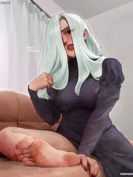 1girl artist_name barefoot black_dress breasts bubmoni couch dirty dirty_feet dress english_text feet foot_focus hair_over_one_eye highres indoors long_hair looking_at_viewer nail_polish purple_eyes purple_nails sitting soles solo toes white_hair