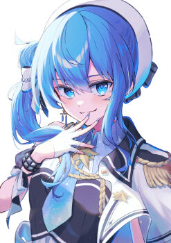 Rule 34 | 1girl, beret, blue eyes, blue hair, blue nails, blue necktie, blue shirt, bow, breasts, brooch, closed mouth, collared shirt, commentary request, detached sleeves, epaulettes, fingerless gloves, gloves, hair between eyes, hat, highres, hololive, hoshimachi suisei, hoshimachi suisei (supernova), idol clothes, jewelry, kamkampan, long hair, looking at viewer, medium breasts, necktie, official alternate costume, official alternate hairstyle, pleated skirt, puffy detached sleeves, puffy sleeves, shirt, side cape, side ponytail, simple background, single epaulette, skirt, solo, star (symbol), star in eye, symbol in eye, upper body, virtual youtuber, white background, white bow, white gloves, white hat, white skirt