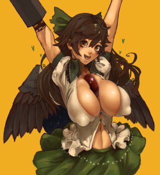 1girl arm_cannon arms_up black_hair black_wings bow breasts cape collared_shirt commentary_request control_rod_(touhou) covered_erect_nipples cowboy_shot feathered_wings frilled_shirt frills green_bow green_skirt hair_bow heart highres large_breasts long_hair looking_at_viewer navel open_clothes open_mouth open_shirt orange_eyes print_cape puffy_short_sleeves puffy_sleeves reiuji_utsuho rustycork shirt short_sleeves simple_background skirt smile solo starry_sky_print teeth third_eye touhou two-sided_cape two-sided_fabric weapon white_cape white_shirt wings yellow_background