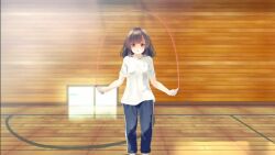 1girl 3d accidental_exposure animated audible_music black_hair blue_panties blue_pants blush bouncing_breasts breasts brown_eyes brown_hair brown_pubic_hair closed_eyes closed_mouth clothes_pull covering_crotch covering_privates embarrassed exercising facing_viewer female_focus female_pubic_hair full_body groin gym gym_uniform holding holding_jump_rope indoors jump_rope jumping long_hair medium_breasts motion_blur original paid_reward_available panties panties_around_leg pants pants_falling pants_pull panty_pull pubic_hair pulling_own_clothes pussy shirt shirt_tug shoes short_sleeves small_breasts smile solo sound standing tachiinu tagme taut_clothes taut_shirt thighs track_pants underwear video wardrobe_malfunction white_shirt wooden_floor wooden_wall