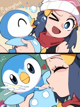 &gt;_o 1girl ;d absurdres artist_name beanie blue_eyes blue_hair bongftah bubble commentary dawn_(pokemon) gen_4_pokemon hat heart highres holding holding_pokemon looking_at_another medium_hair nintendo one_eye_closed open_mouth piplup pokemon pokemon_(creature) pokemon_dppt pun saliva smile spitting symbol-only_commentary white_hat