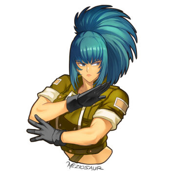 1girl artist_name black_gloves blue_eyes blue_hair closed_mouth commentary english_commentary gloves leona_heidern long_hair looking_to_the_side meziosaur ponytail short_sleeves solo the_king_of_fighters upper_body white_background