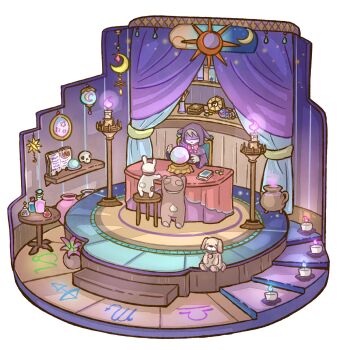 1boy animal bear book bottle candle chigu commentary_request crescent curtains dog floorplan highres indoors male_focus open_book original plant potted_plant rabbit skull solo table yin_yang zodiac