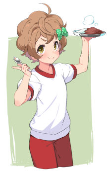 Rule 34 | 1girl, blonde hair, blush, bonbas24, bow, closed mouth, curly hair, curry, curry rice, food, green bow, green eyes, hair bow, hibike! euphonium, holding, holding food, holding plate, holding spoon, kawashima sapphire, looking at viewer, pants, plate, polka dot, red pants, rice, shirt, short hair, short sleeves, smile, solo, spoon, standing, t-shirt, white shirt