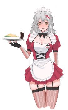 1girl alternate_costume apron black_garter_straps black_gloves breasts cleavage enmaided fingerless_gloves fishnet_pantyhose fishnet_sleeves fishnets garter_straps gloves goddess_of_victory:_nikke grey_hair highres long_hair looking_at_viewer maid maid_apron maid_headdress pantyhose sharp_teeth skindentation solo standing super_bee teeth thighs waist_apron white_background yellow_eyes yulha_(nikke)